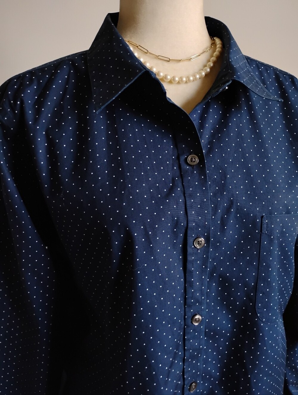 L. L. Bean Wrinkle Free Cotton Button Up Shirt Navy Blue White Polka Dot Size XL